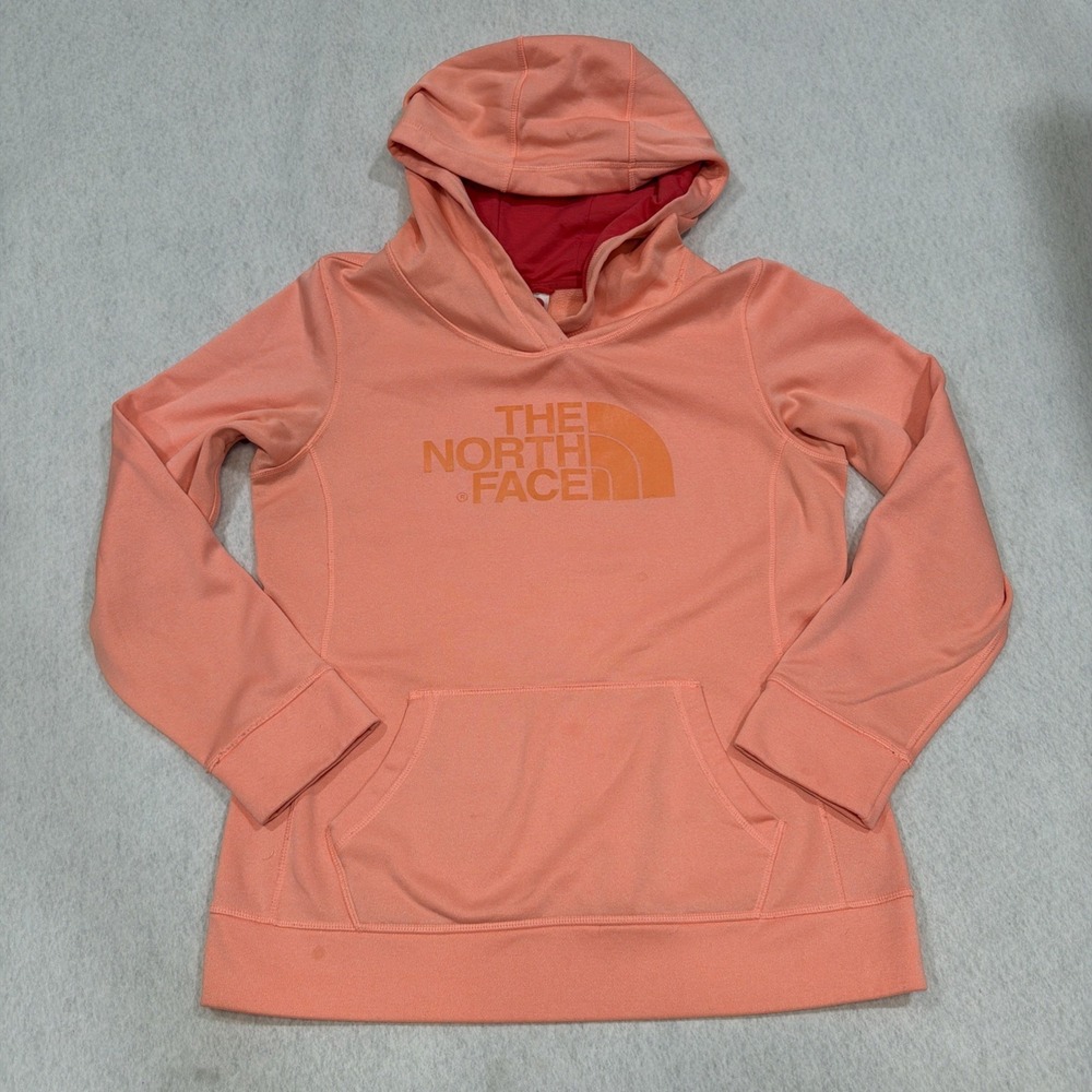 North Face Womens Hoodie Size Medium Peach/Orange Pullover Big Logo Large Pocket